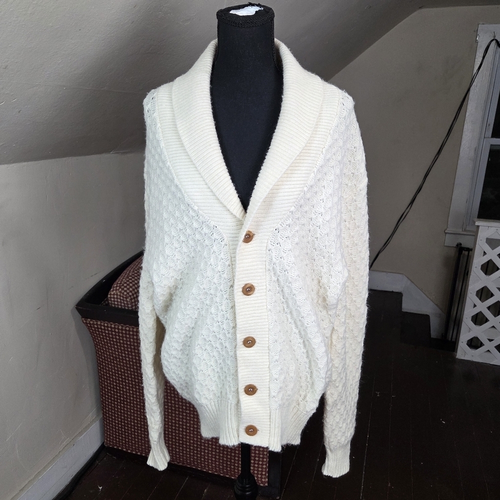 VTG 1970s–80s Jantzen Shawl Collar Cable Knit Cardigan‎ Cream USA Made Size XL